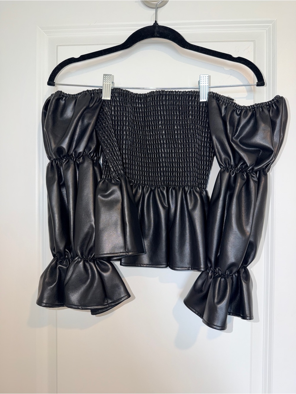 MISA LA Black Off-Shoulder Vegan Leather Puff Sleeve Top + Matching Tiered Skirt - Picture 4 of 9